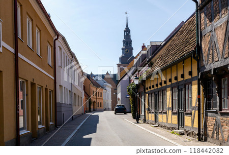 Narrow streets of the old town with colorful houses. Narrow streets of the old town with colorful houses. 118442082