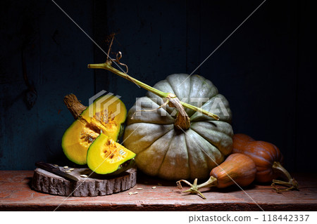 Autumn decorative composition of different types of pumpkins 118442337