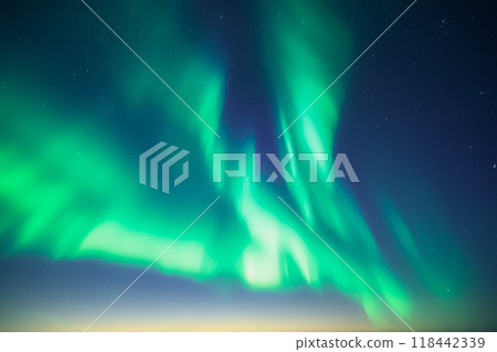 Blue dark sky with green polar lights and stars Blue dark sky with green polar lights and stars 118442339
