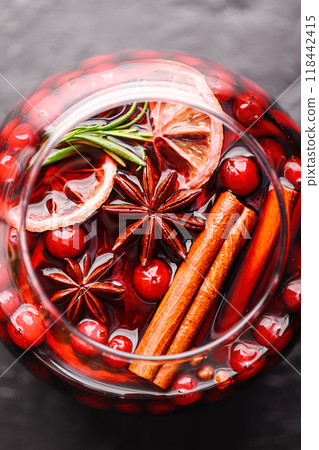 Top view of mulled wine in glass Top view of mulled wine in glass 118442415