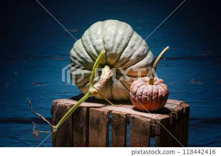 Two different types of pumpkins on an old rusty wooden box Two different types of pumpkins on an old rusty wooden box 118442416