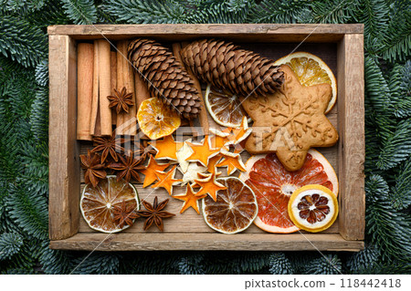 Wooden box with winter Holiday decorations 118442418