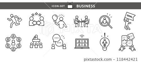 A set of icon and pictogram design materials for business and school, such as negotiations, meetings, goal achievement, and communication 118442421