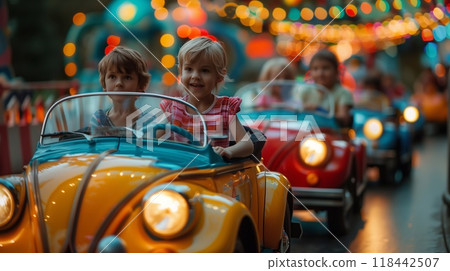 A group of delighted children drives colorful toy cars at an amusement park, enjoying the festive atmosphere and vibrant lights 118442507