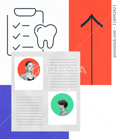 Contemporary art collage. Abstract artwork features checklist, tooth icon, upward arrow, and profile portraits of man and woman. Contemporary art collage. Abstract artwork features checklist, tooth icon, upward arrow, and profile portraits of man and woman. 118442621