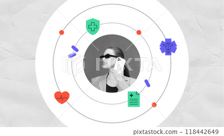 Contemporary art collage. Confident girl in glasses speaks on phone and calls for medical help surrounded by circular diagram with medical symbols. Contemporary art collage. Confident girl in glasses speaks on phone and calls for medical help surrounded by circular diagram with medical symbols. 118442649