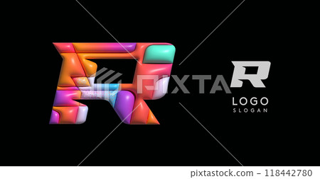 Sporty 3D bubble letter R, puzzle-like volume effect, vibrant Memphis-style cutout logo, glossy colorful design for dynamic youthful logos, shiny colored. Vector illustration Sporty 3D bubble letter R, puzzle-like volume effect, vibrant Memphis-style cutout logo, glossy colorful design for dynamic youthful logos, shiny colored. Vector illustration 118442780