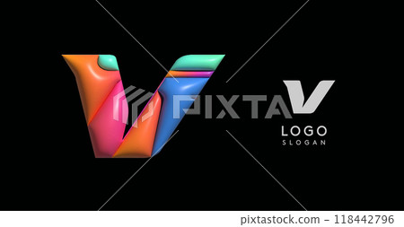 Sporty 3D bubble letter V, puzzle-like volume effect, vibrant Memphis-style cutout logo, glossy colorful design for dynamic youthful logos, shiny colored. Vector illustration Sporty 3D bubble letter V, puzzle-like volume effect, vibrant Memphis-style cutout logo, glossy colorful design for dynamic youthful logos, shiny colored. Vector illustration 118442796