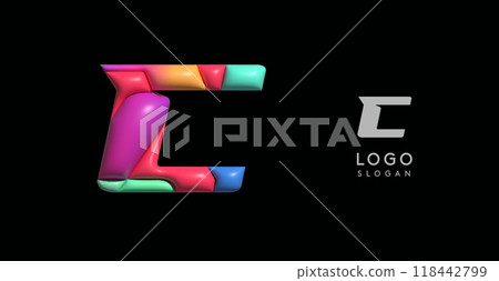 Sporty 3D bubble letter C, puzzle-like volume effect, vibrant Memphis-style cutout logo, glossy colorful design for dynamic youthful logos, shiny colored. Vector illustration Sporty 3D bubble letter C, puzzle-like volume effect, vibrant Memphis-style cutout logo, glossy colorful design for dynamic youthful logos, shiny colored. Vector illustration 118442799