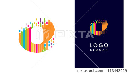 Colorful stripes transitioning into pixel-like elements fat logo template, letter O, abstract equalizer logotype for tech, creative studio, media, digital branding. Vector illustration 118442929