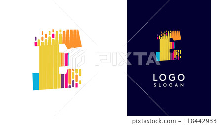 Colorful stripes transitioning into pixel-like elements fat logo template, letter E, abstract equalizer logotype for tech, creative studio, media, digital branding. Vector illustration 118442933
