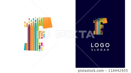 Colorful stripes transitioning into pixel-like elements fat logo template, letter F, abstract equalizer logotype for tech, creative studio, media, digital branding. Vector illustration 118442935
