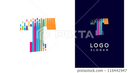 Colorful stripes transitioning into pixel-like elements fat logo template, letter T, abstract equalizer logotype for tech, creative studio, media, digital branding. Vector illustration Colorful stripes transitioning into pixel-like elements fat logo template, letter T, abstract equalizer logotype for tech, creative studio, media, digital branding. Vector illustration 118442947