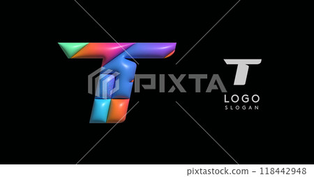 Sporty 3D bubble letter T, puzzle-like volume effect, vibrant Memphis-style cutout logo, glossy colorful design for dynamic youthful logos, shiny colored. Vector illustration Sporty 3D bubble letter T, puzzle-like volume effect, vibrant Memphis-style cutout logo, glossy colorful design for dynamic youthful logos, shiny colored. Vector illustration 118442948