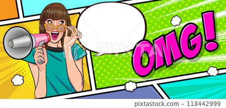 Business woman with loudspeaker megaphone  announcing discount or sale Special offer shopping time Business woman with loudspeaker megaphone  announcing discount or sale Special offer shopping time 118442999