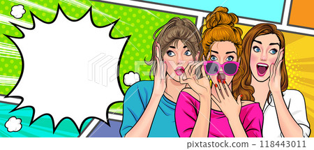 Woman whispering gossip secret to her friend surprise In Retro Vintage Pop Art Comic Style Woman whispering gossip secret to her friend surprise In Retro Vintage Pop Art Comic Style 118443011