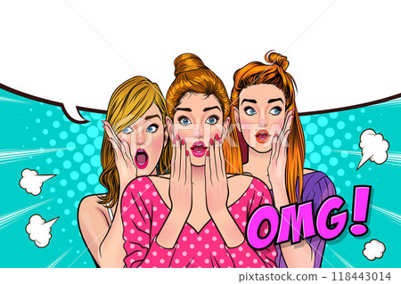 Woman whispering gossip secret to her friend surprise In Retro Vintage Pop Art Comic Style 118443014