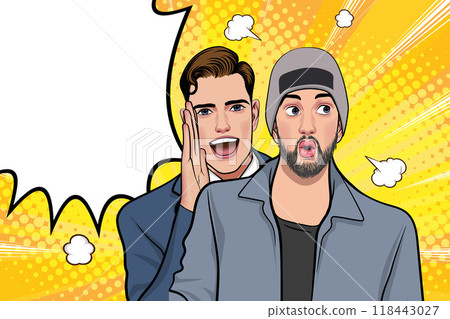 business people whispering gossip or business secret to friend surprised In Retro Vintage Pop Art Comic Style 118443027