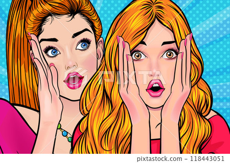 Woman whispering gossip secret to her friend surprise In Retro Vintage Pop Art Comic Style Woman whispering gossip secret to her friend surprise In Retro Vintage Pop Art Comic Style 118443051