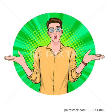 Avatar of man or business person in various poses, circle background, pop art comics style 118443060