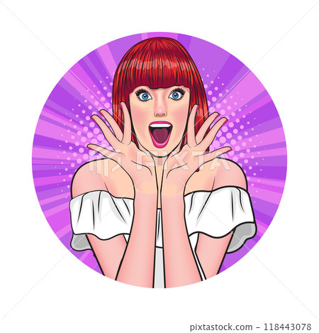 Avatar of woman or business person in various poses, circle background, pop art comics style Avatar of woman or business person in various poses, circle background, pop art comics style 118443078