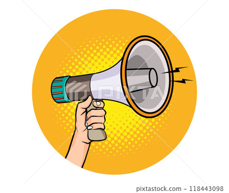 Hand holds megaphone bullhorn in retro pop art comic style Loudspeaker Business banner Hand holds megaphone bullhorn in retro pop art comic style Loudspeaker Business banner 118443098