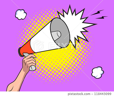 Hand holds megaphone bullhorn in retro pop art comic style Loudspeaker Business banner Hand holds megaphone bullhorn in retro pop art comic style Loudspeaker Business banner 118443099