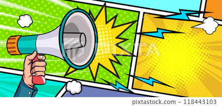 Hand holds megaphone bullhorn in retro pop art comic style  Loudspeaker Business banner 118443103