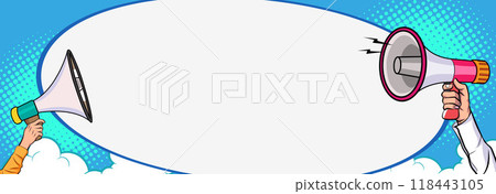 Hand holds megaphone bullhorn in retro pop art comic style  Loudspeaker Business banner 118443105