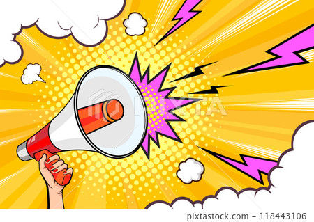 Hand holds megaphone bullhorn in retro pop art comic style Loudspeaker Business banner Hand holds megaphone bullhorn in retro pop art comic style Loudspeaker Business banner 118443106