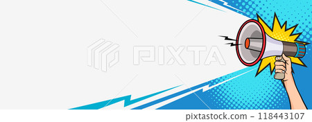 Hand holds megaphone bullhorn in retro pop art comic style  Loudspeaker Business banner 118443107