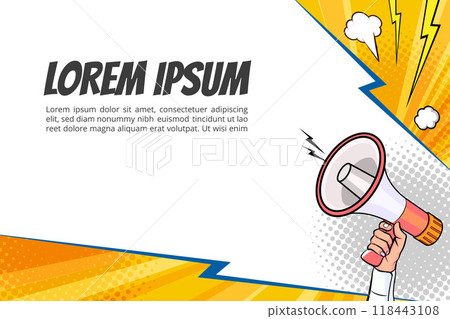 Hand holds megaphone bullhorn in retro pop art comic style Loudspeaker Business banner Hand holds megaphone bullhorn in retro pop art comic style Loudspeaker Business banner 118443108