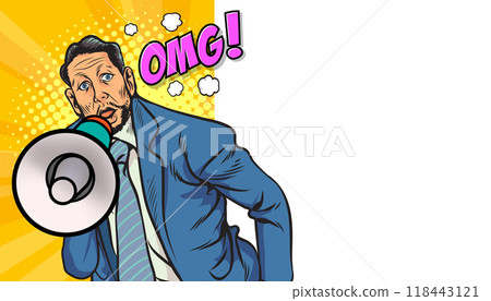 Business man with loudspeaker megaphone announcing discount or sale Special offer shopping time 118443121