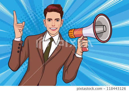 Business man with loudspeaker megaphone announcing discount or sale Special offer shopping time Business man with loudspeaker megaphone announcing discount or sale Special offer shopping time 118443126