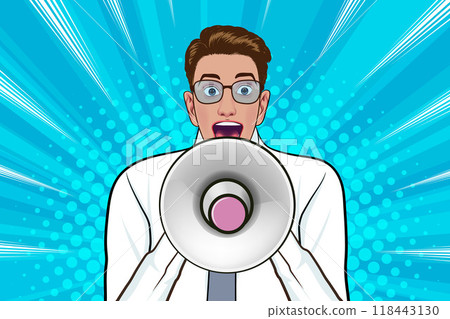 Business man with loudspeaker megaphone announcing discount or sale Special offer shopping time 118443130