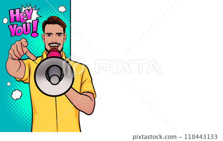 Business man with loudspeaker megaphone announcing discount or sale Special offer shopping time 118443133