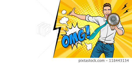 Business man with loudspeaker megaphone announcing discount or sale Special offer shopping time 118443134