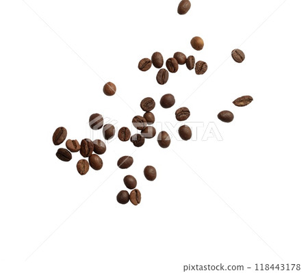 Falling coffee beans isolated on white background with clipping path 118443178