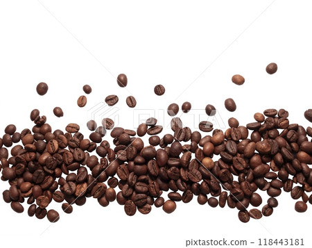Falling coffee beans isolated on white background with clipping path 118443181
