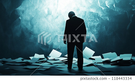 Silhouette of a dejected man with a stock market crash graph in the background 118443334