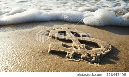 Dollar sign washed away by ocean waves Dollar sign washed away by ocean waves 118443406