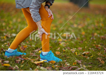 Elegant woman in fitness clothes in park having leg pain 118443724