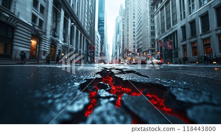 Burning graphs and cracks in the ground on a city street representing financial collapse 118443800