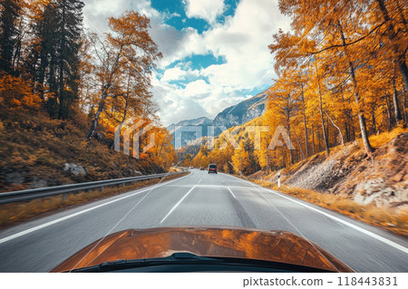 Car driving on a road with an autumn background. Ai generative 118443831