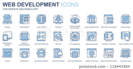 Web development icons set in duotone line design. Pack of coding, ui, ux, startup, cloud computing, content placement, optimization, api interface, other outline stroke pictograms. Vector illustration 118443984