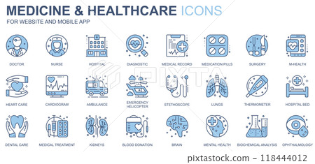Medicine and healthcare web icons set in duotone line design. Pack of doctor, nurse, hospital, diagnostic, medical record, medication pills, lungs, other outline stroke pictograms. Vector illustration 118444012