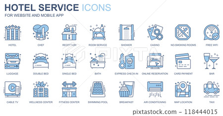 Hotel service web icons set in duotone line design. Pack of chef, reception, room, shower, casino, no smoking, free wifi, double bed, checkin, other outline stroke pictograms. Vector illustration 118444015