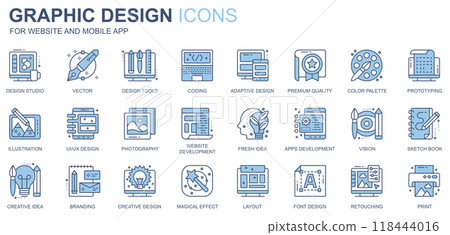 Graphic design web icons set in duotone line design. Pack of tools, coding, premium quality, color palette, prototyping, ui ux, photography, idea, other outline stroke pictograms. Vector illustration Graphic design web icons set in duotone line design. Pack of tools, coding, premium quality, color palette, prototyping, ui ux, photography, idea, other outline stroke pictograms. Vector illustration 118444016