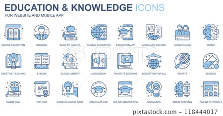 Education and knowledge web icons set in duotone line design. Pack of online, student, back to school, language course, group class, brain, book, other outline stroke pictograms. Vector illustration 118444017