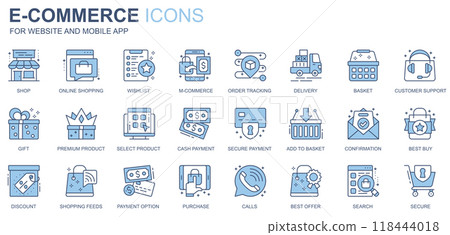 E-commerce web icons set in duotone line design. Pack of shop, online shopping, wishlist, order tracking, delivery, basket, customer support, gift, other outline stroke pictograms. Vector illustration 118444018